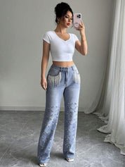 Rhinestone Embellished Wide Leg Jeans - Diana