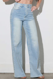 Pearl Studded Wide Leg Jeans - Ice Blue