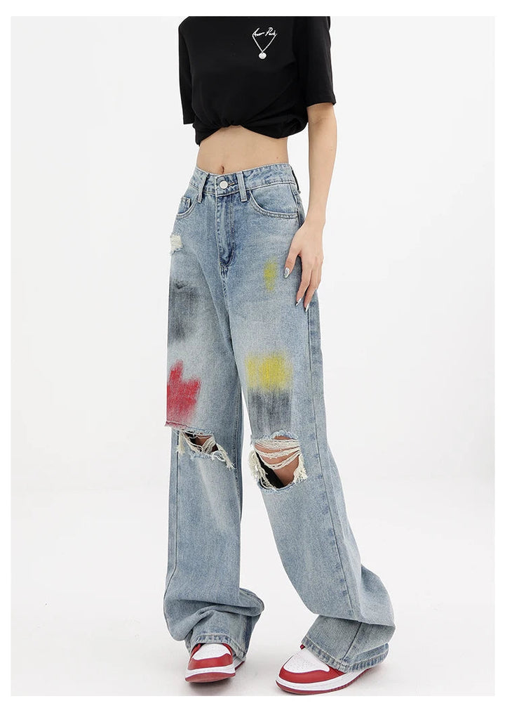 Painted Wide Leg Distressed Jeans - Vivienne