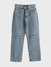 Frost Drop - Rhinestone Embellished Wide Leg Jeans - Ice Blue