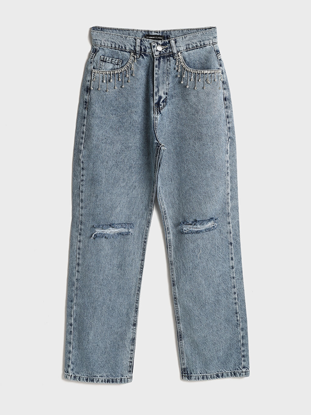 Frost Drop - Rhinestone Embellished Wide Leg Jeans - Ice Blue