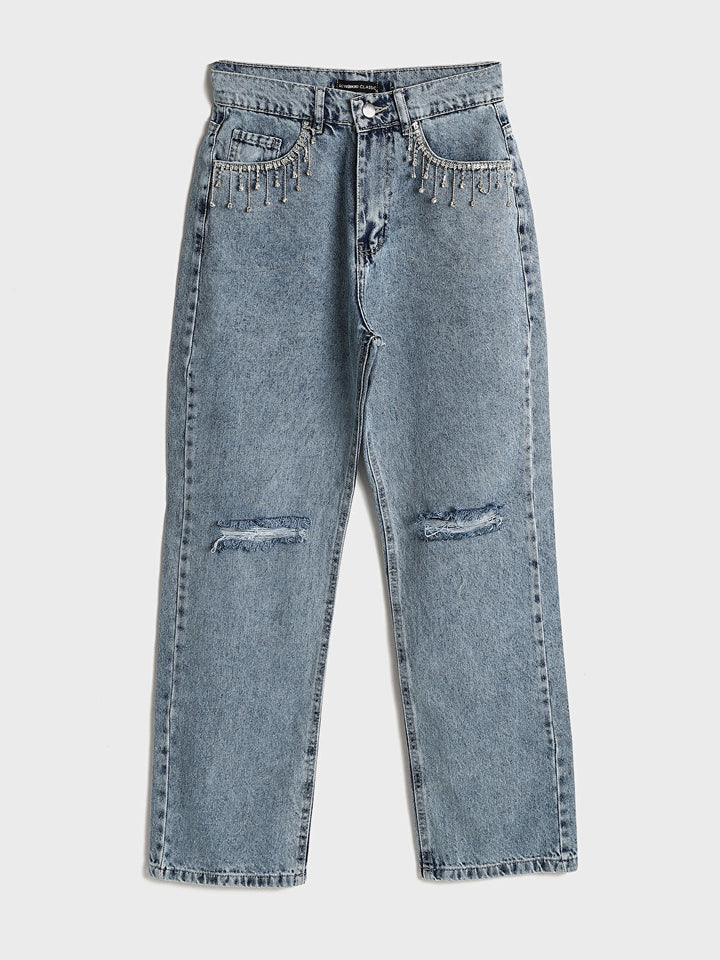 Frost Drop - Rhinestone Embellished Wide Leg Jeans - Ice Blue