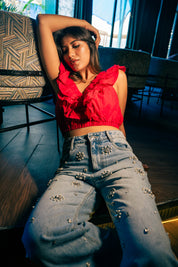 Dazie - Rhinestone Embellished Wide Leg Jeans