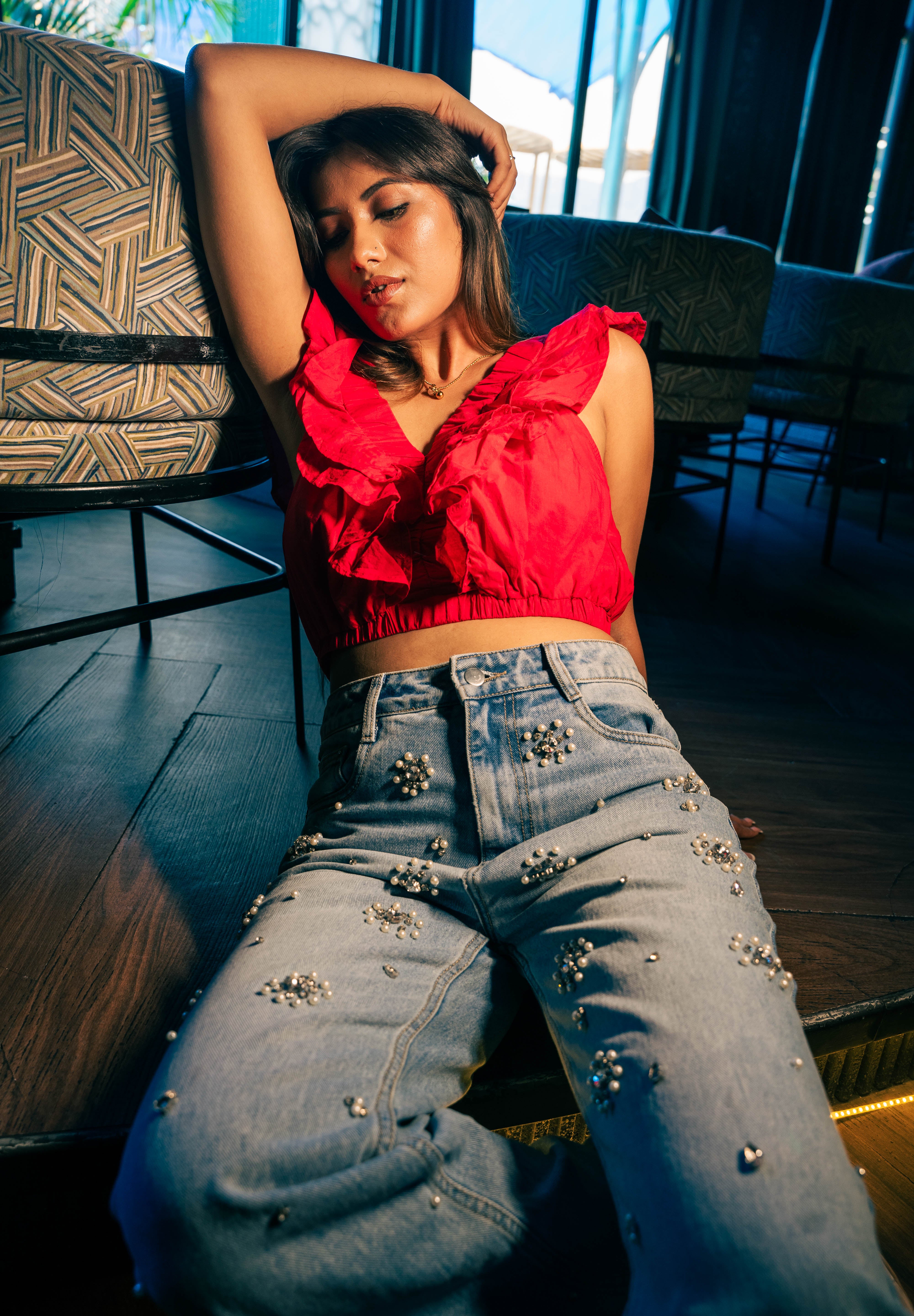 Dazie - Rhinestone Embellished Wide Leg Jeans