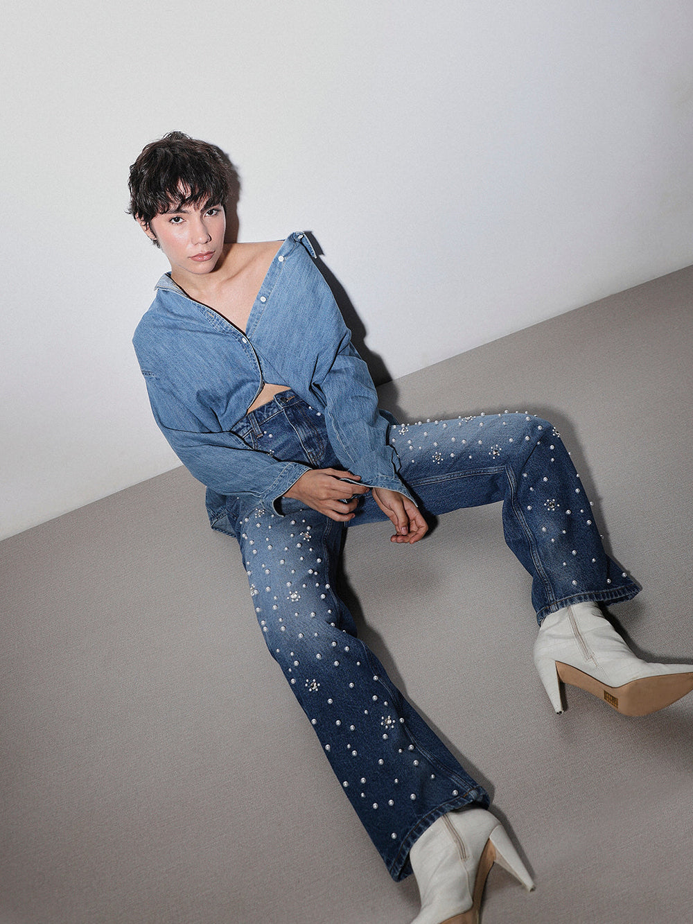 Rhea- Rhinestone Embellished Wide Leg Jeans - Dark Blue