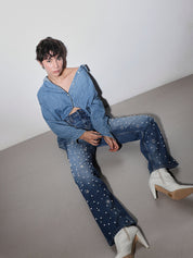 Rhea- Rhinestone Embellished Wide Leg Jeans - Dark Blue