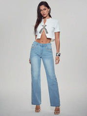 Crown Jewel - Rhinestone Embellished Wide Leg Jeans - Ice Blue