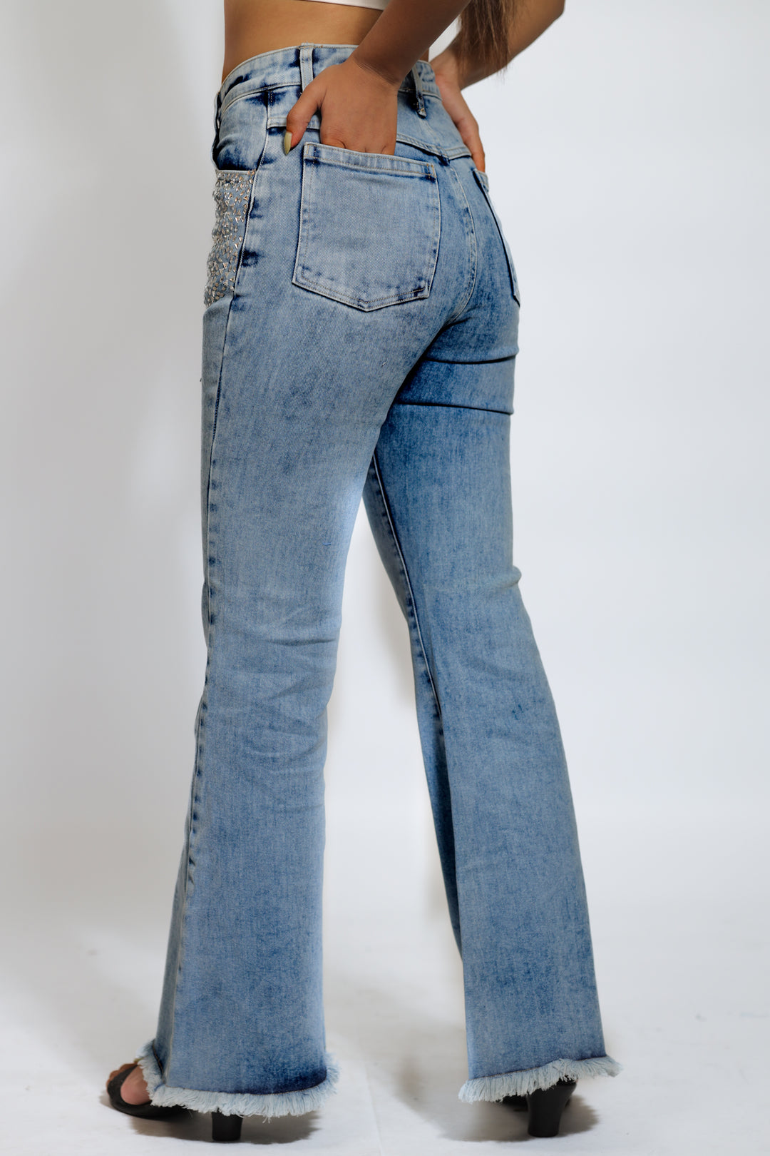 High Rise Embellished Boot Cut Flared Jeans - Fray Bottom