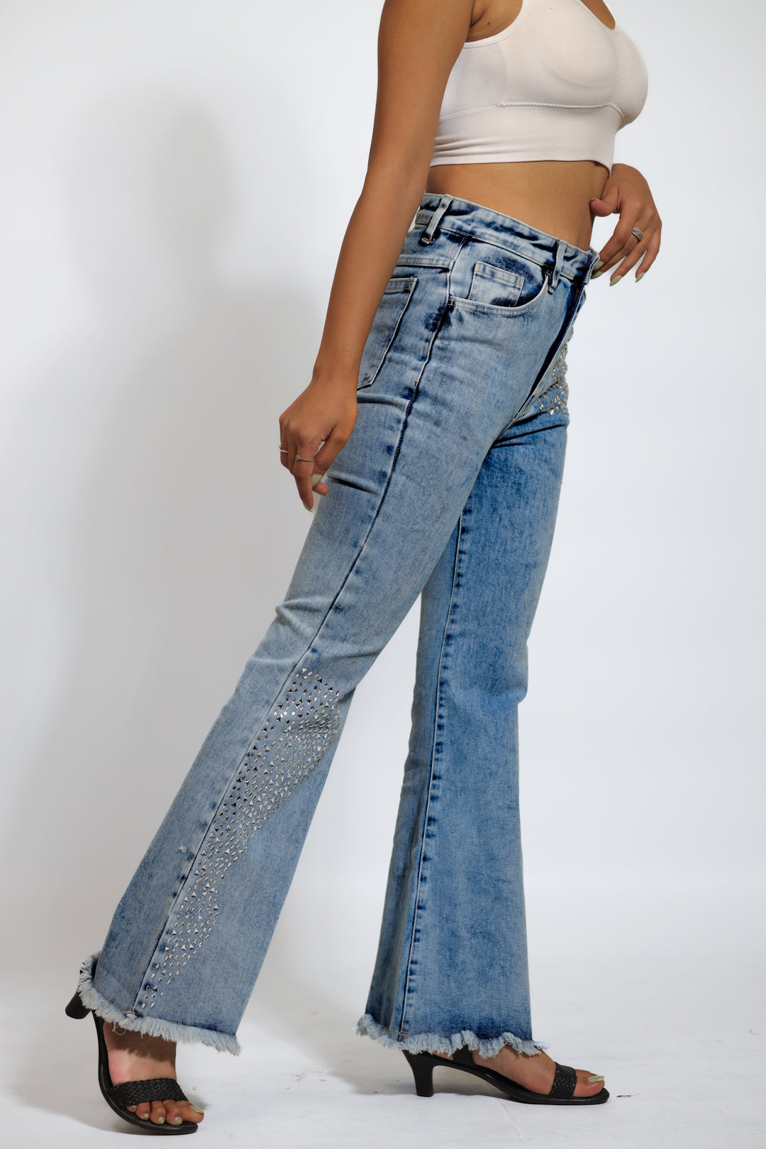 High Rise Embellished Boot Cut Flared Jeans - Fray Bottom