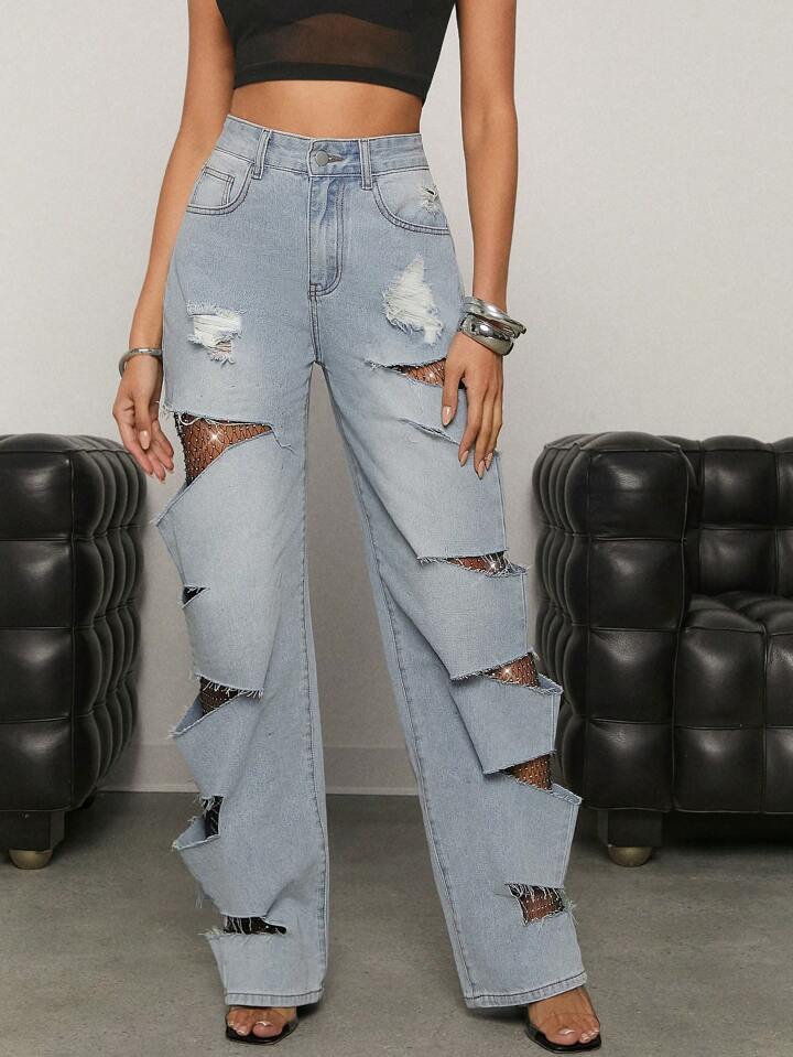 Blue Crystal Mesh Jeans - Rockstar