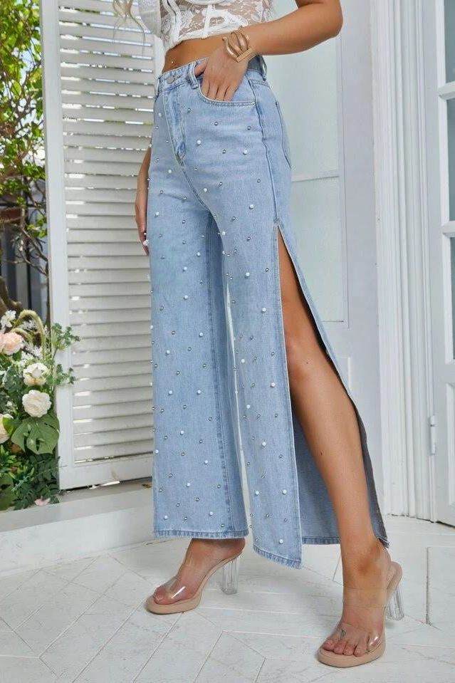 Pearl Studded Cut Out Jeans - Ice Blue