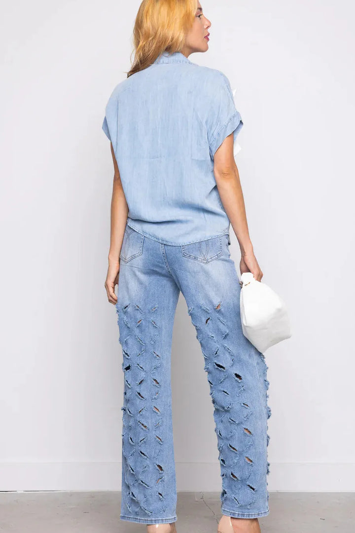 Diamond Distressed Wide Leg Jeans - Roxanne