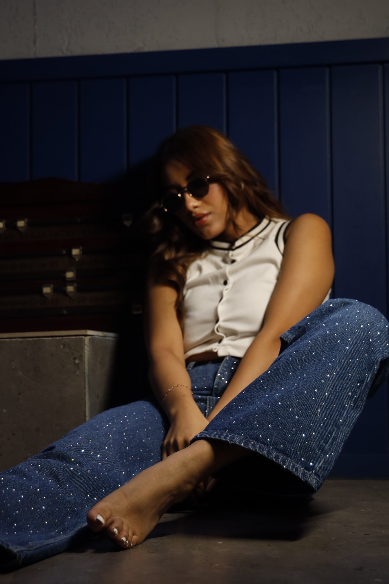 Midnight Blue Diamante Denim High Rise Wide Leg Jeans