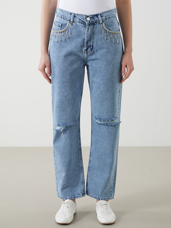 Frost Drop - Rhinestone Embellished Wide Leg Jeans - Ice Blue