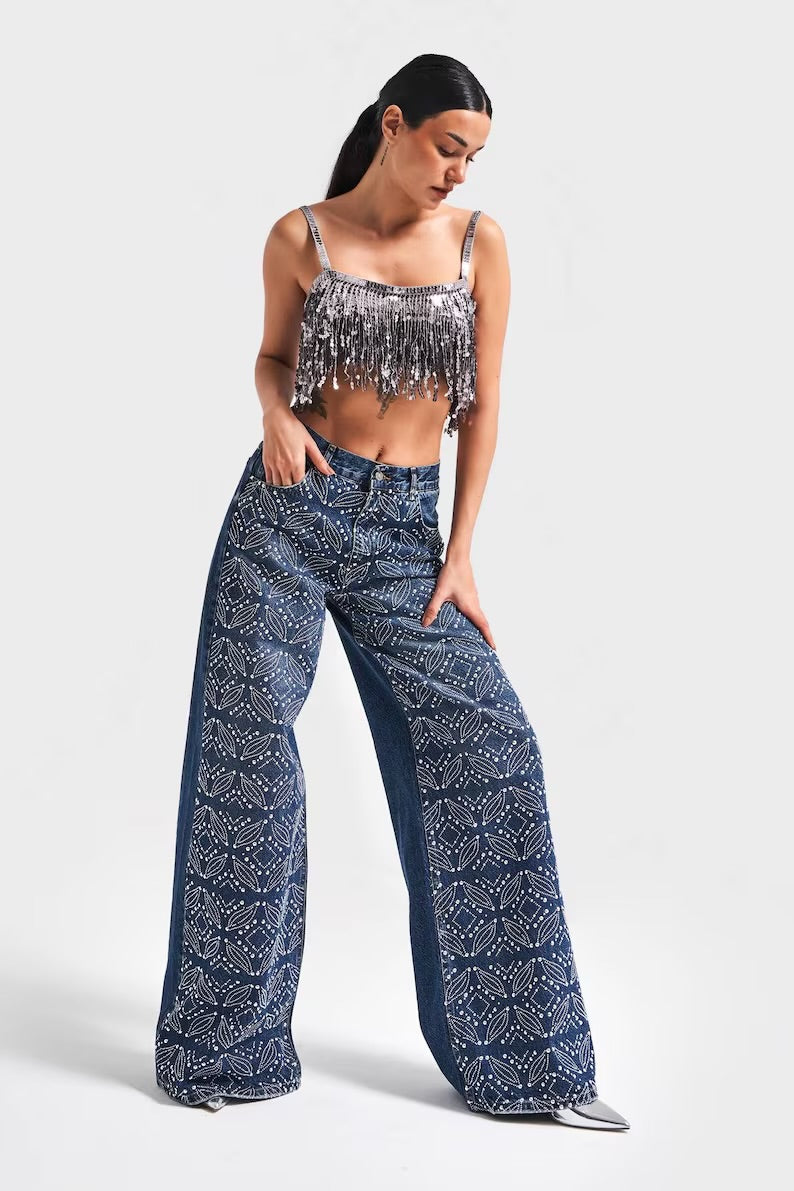 Emma - Rhinestone Embellished Wide Leg Jeans - Dark Blue