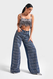 Emma - Rhinestone Embellished Wide Leg Jeans - Dark Blue