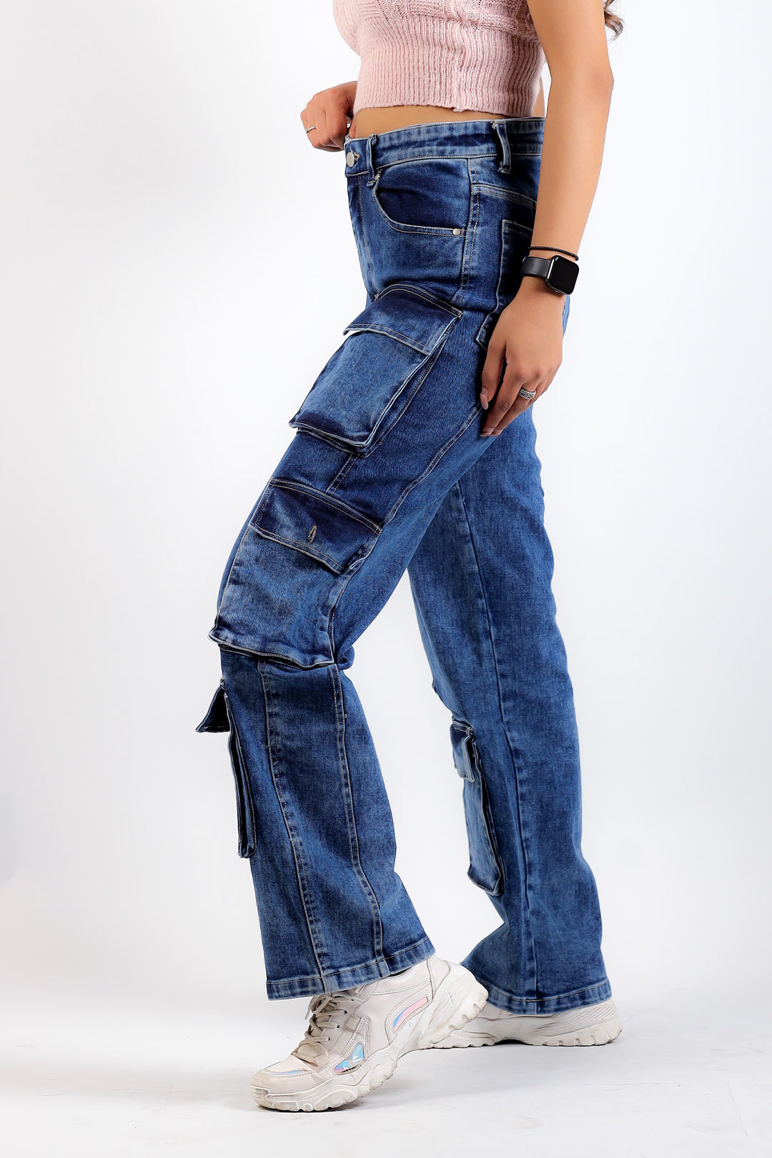 Dark wash high-rise cargo jeans for women
