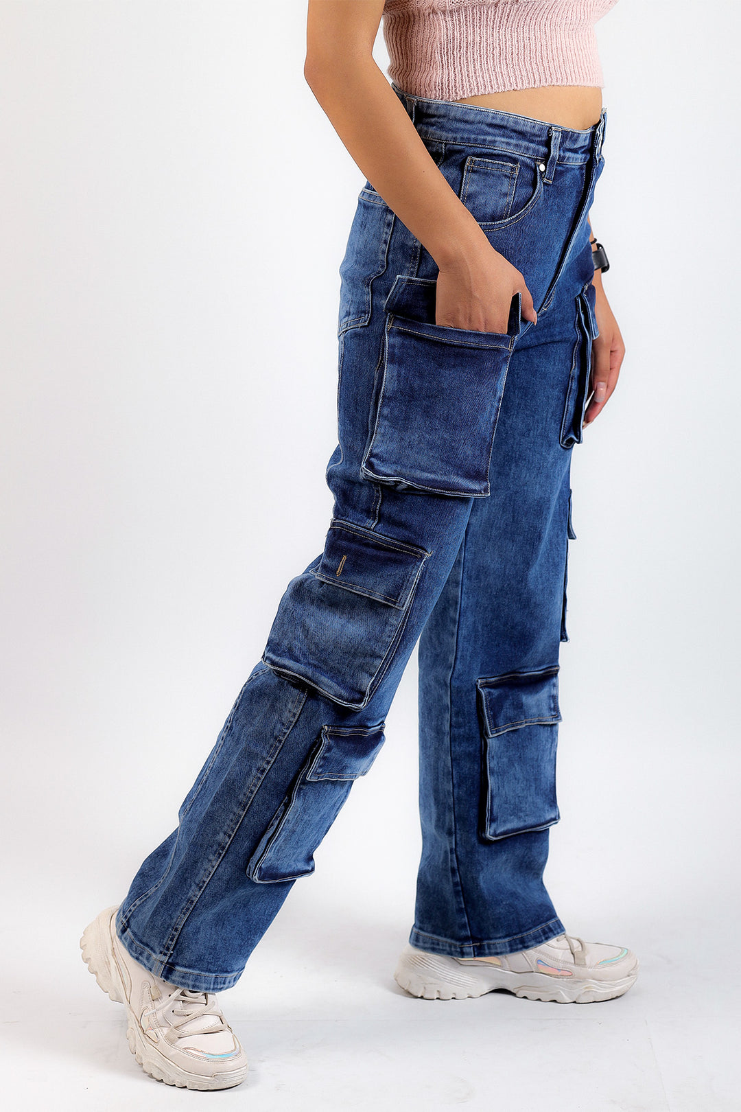 High-Rise Double Cargo Jeans Dark Wash Women