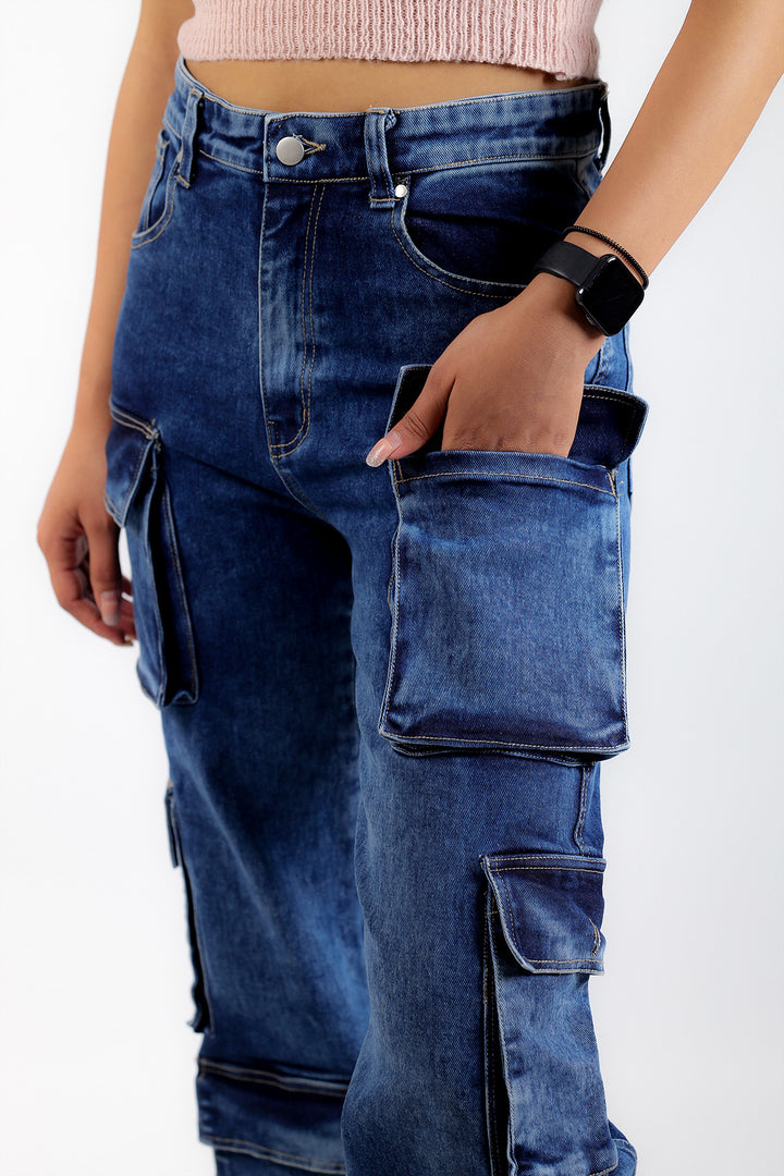 Dark Wash High-Rise Double Cargo Jeans for Women
