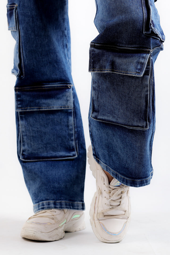 Women's Dark Wash High-Rise Double Cargo Jeans