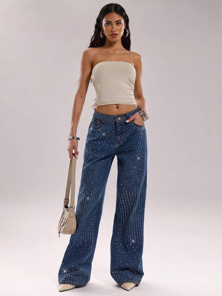 Hailey - Rhinestone Embellished Wide Leg Jeans - Dark Blue