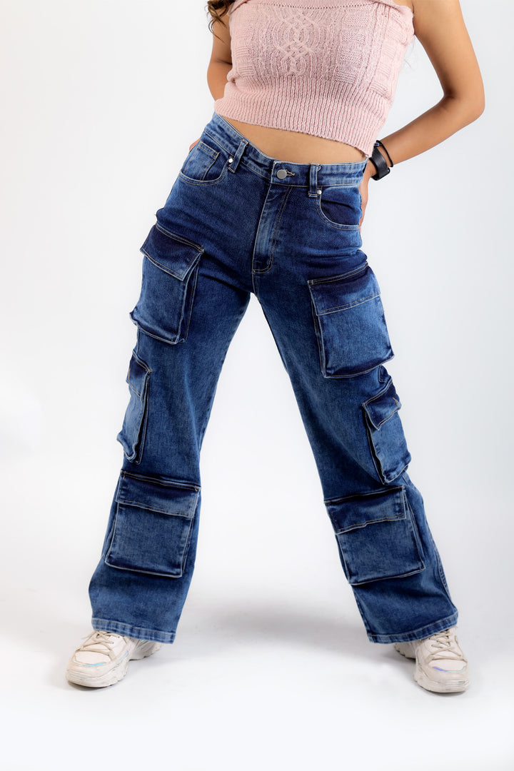 Dark Wash Women's High-Rise Double Cargo Jeans
