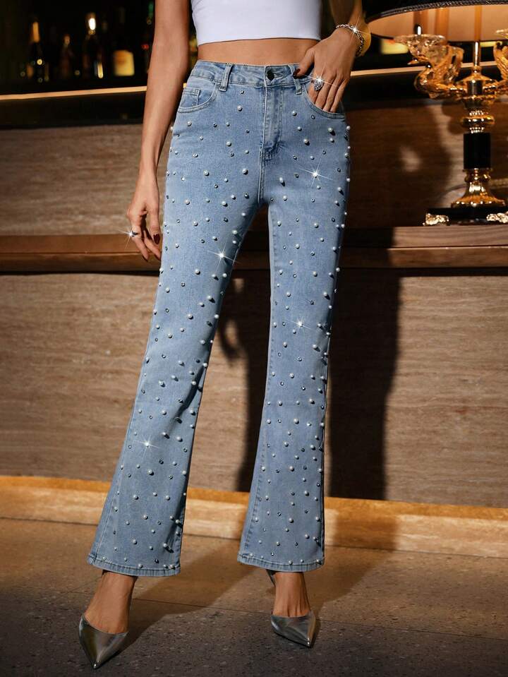 Camilla - High Rise Pearl Embellished Boot Cut Jeans