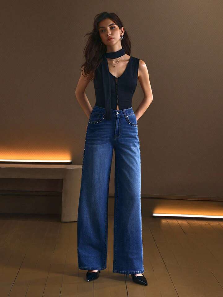 Starline - Rhinestone Embellished Wide Leg Jeans - Stone Blue
