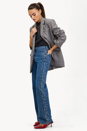 Eclipse - Rhinestone Embellished Wide Leg Jeans - Dark Blue