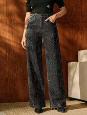 Nancy - Rhinestone Embellished Wide Leg Jeans - Black