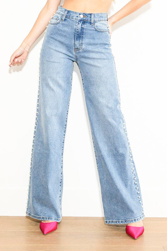 Pearl Studded Wide Leg Jeans - Ice Blue