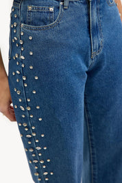 Eclipse - Rhinestone Embellished Wide Leg Jeans - Dark Blue