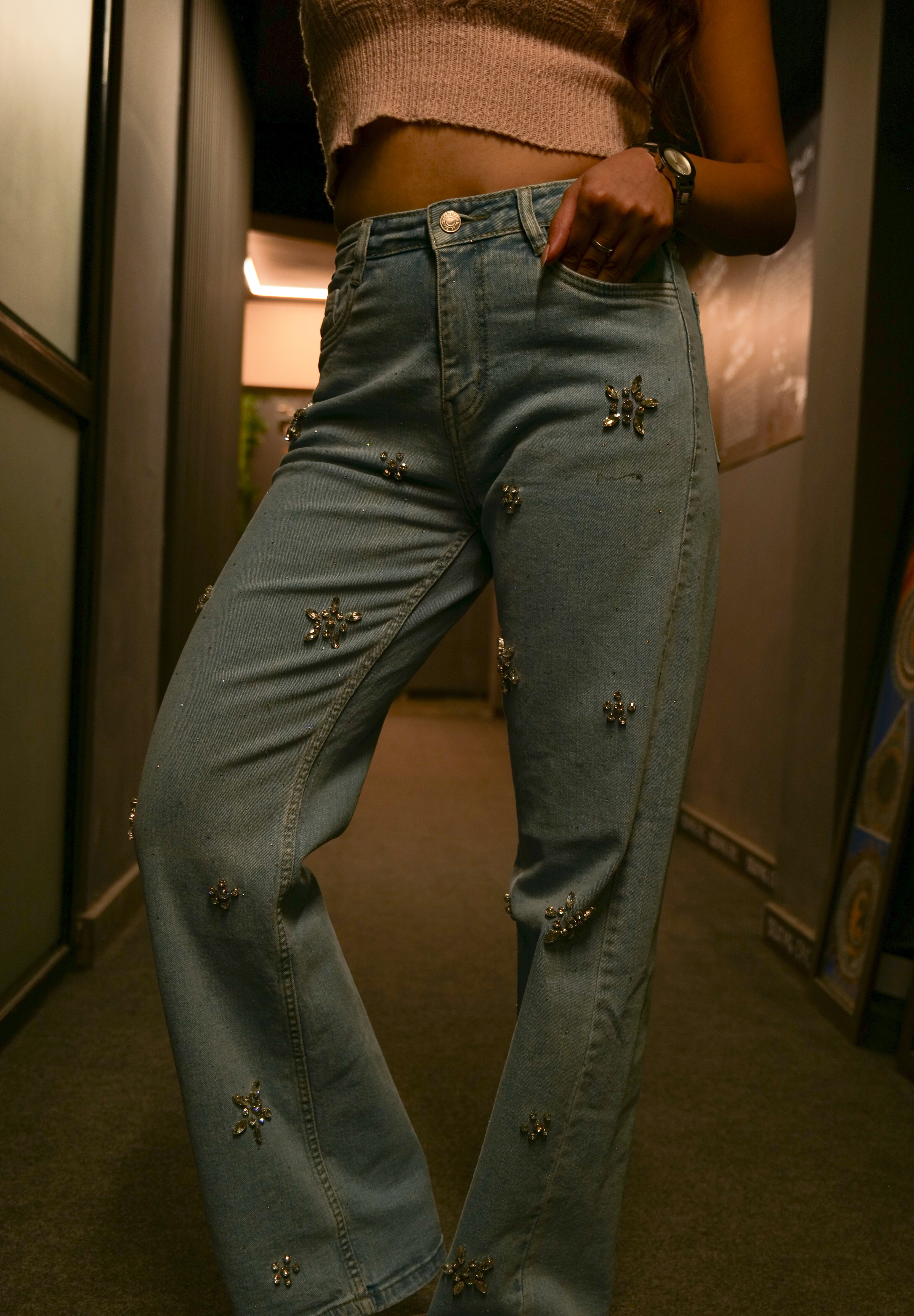 Florice - Rhinestone Embellished Jeans - Ice Blue