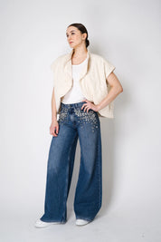 Midnight Glam - Rhinestone Embellished Wide Leg Jeans
