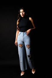 Cupid’s Charm - Rhinestone Embellished Cut Out Jeans - IceBlue