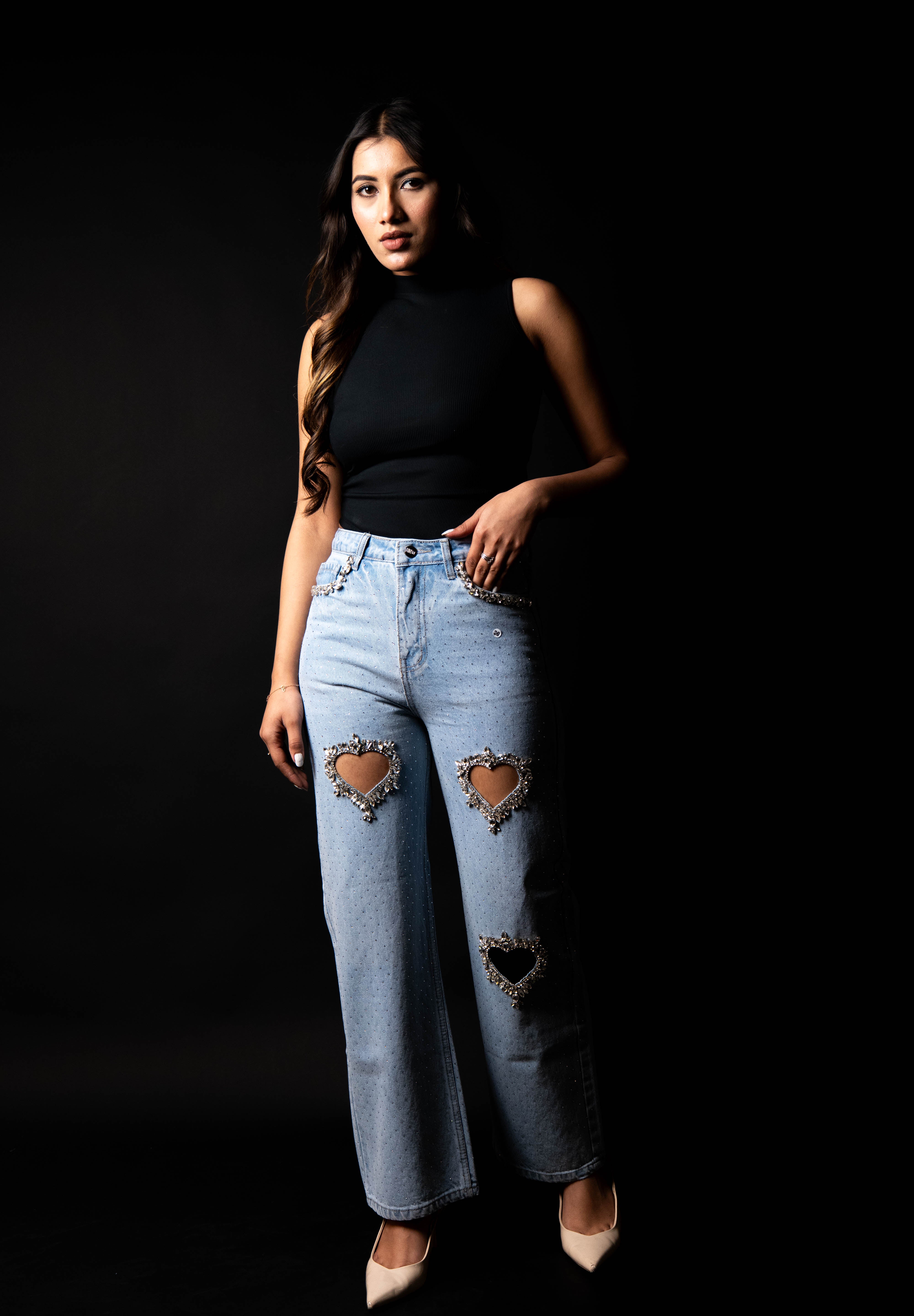 Cupid’s Charm - Rhinestone Embellished Cut Out Jeans - IceBlue