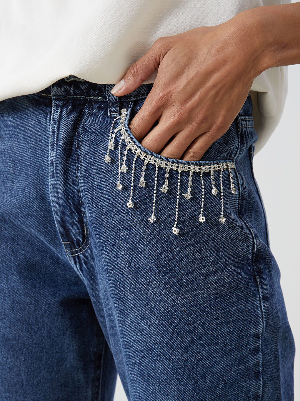 Crystal Drip - Rhinestone Embellished Wide Leg Jeans - Ice Blue