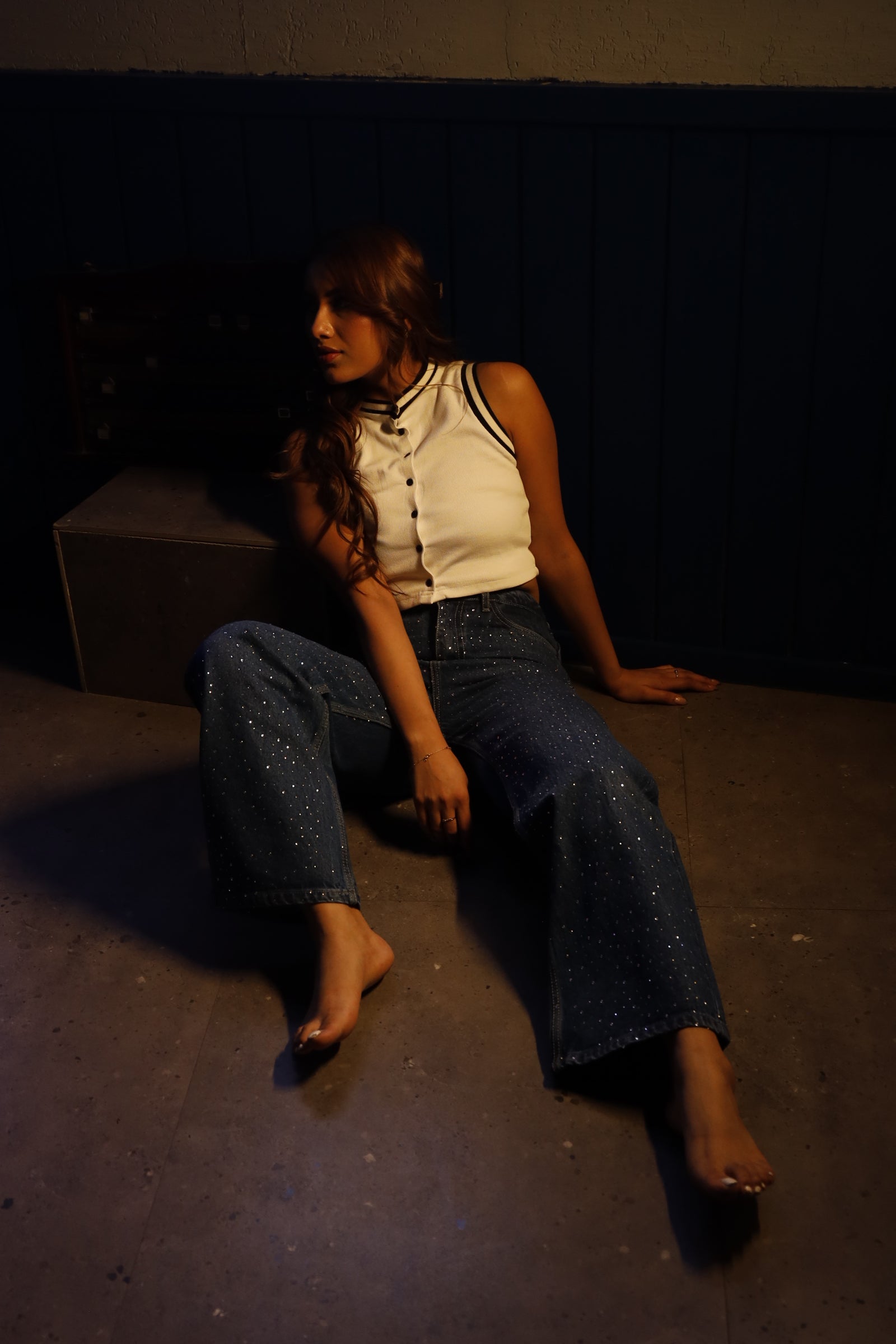 Midnight Blue Diamante Denim High Rise Wide Leg Jeans