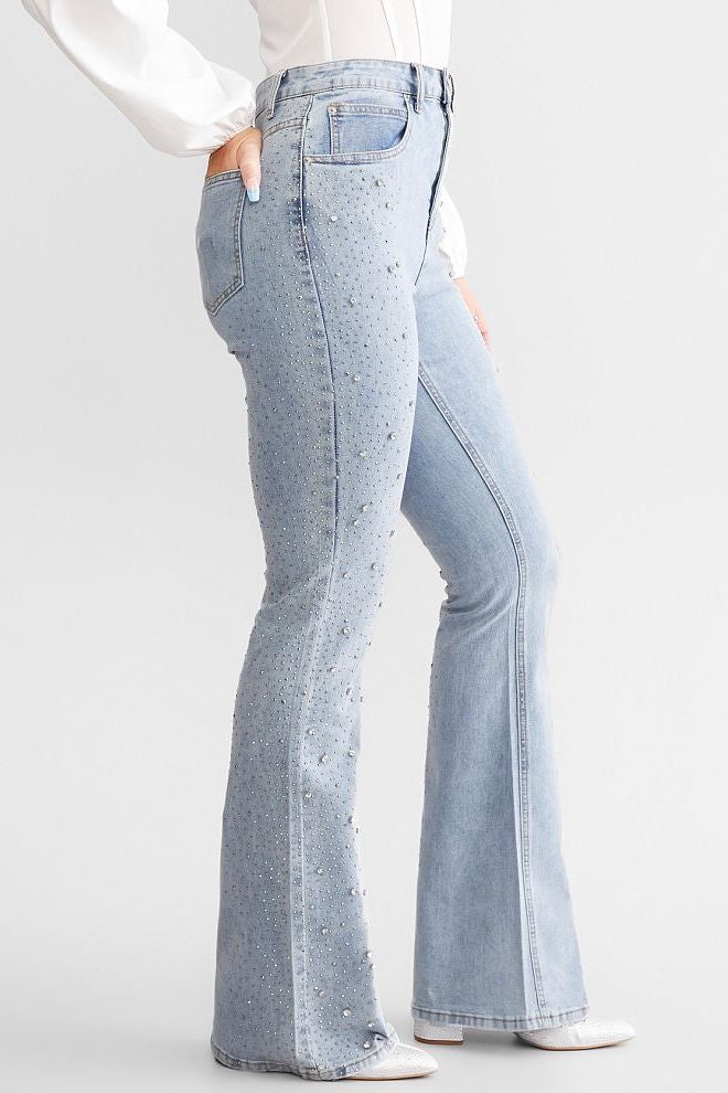 High Rise Rhinestone Embellished Boot Cut Flared Jeans - Ice Blue