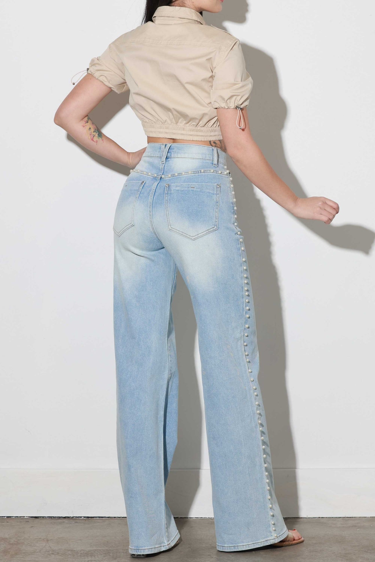 Pearl Studded Wide Leg Jeans - Ice Blue