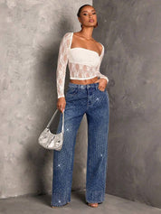 Hailey - Rhinestone Embellished Wide Leg Jeans - Dark Blue