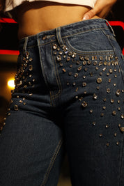 Tanya - Rhinestone Embellished Wide Leg Jeans - Dark Blue