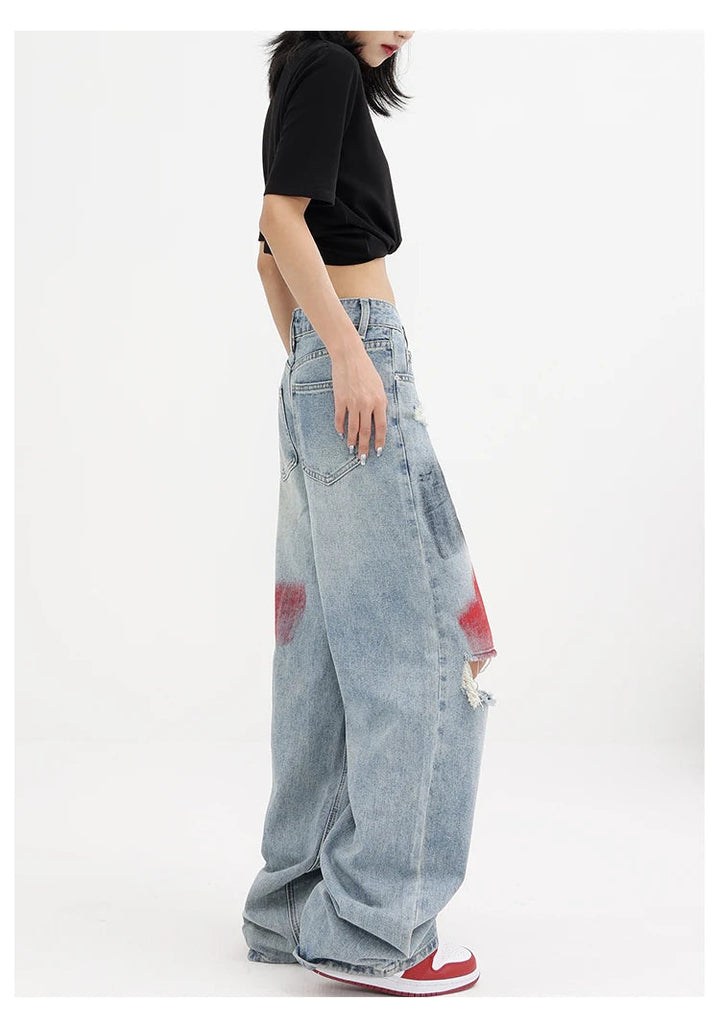 Painted Wide Leg Distressed Jeans - Vivienne