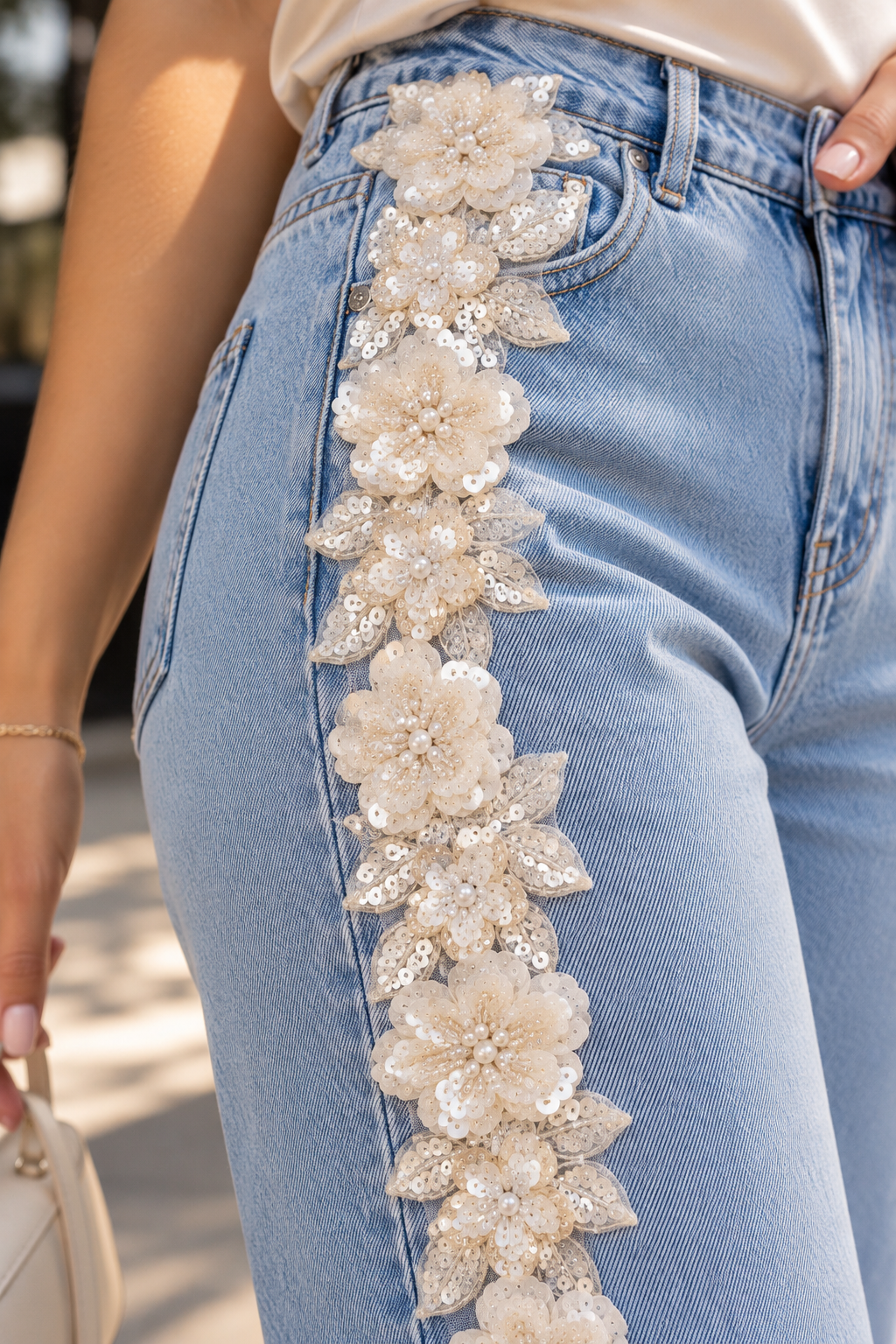 (Limited Edition) Roseťte - Sequinned Lace Jeans - Ice Blue