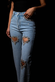 Cupid’s Charm - Rhinestone Embellished Cut Out Jeans - IceBlue