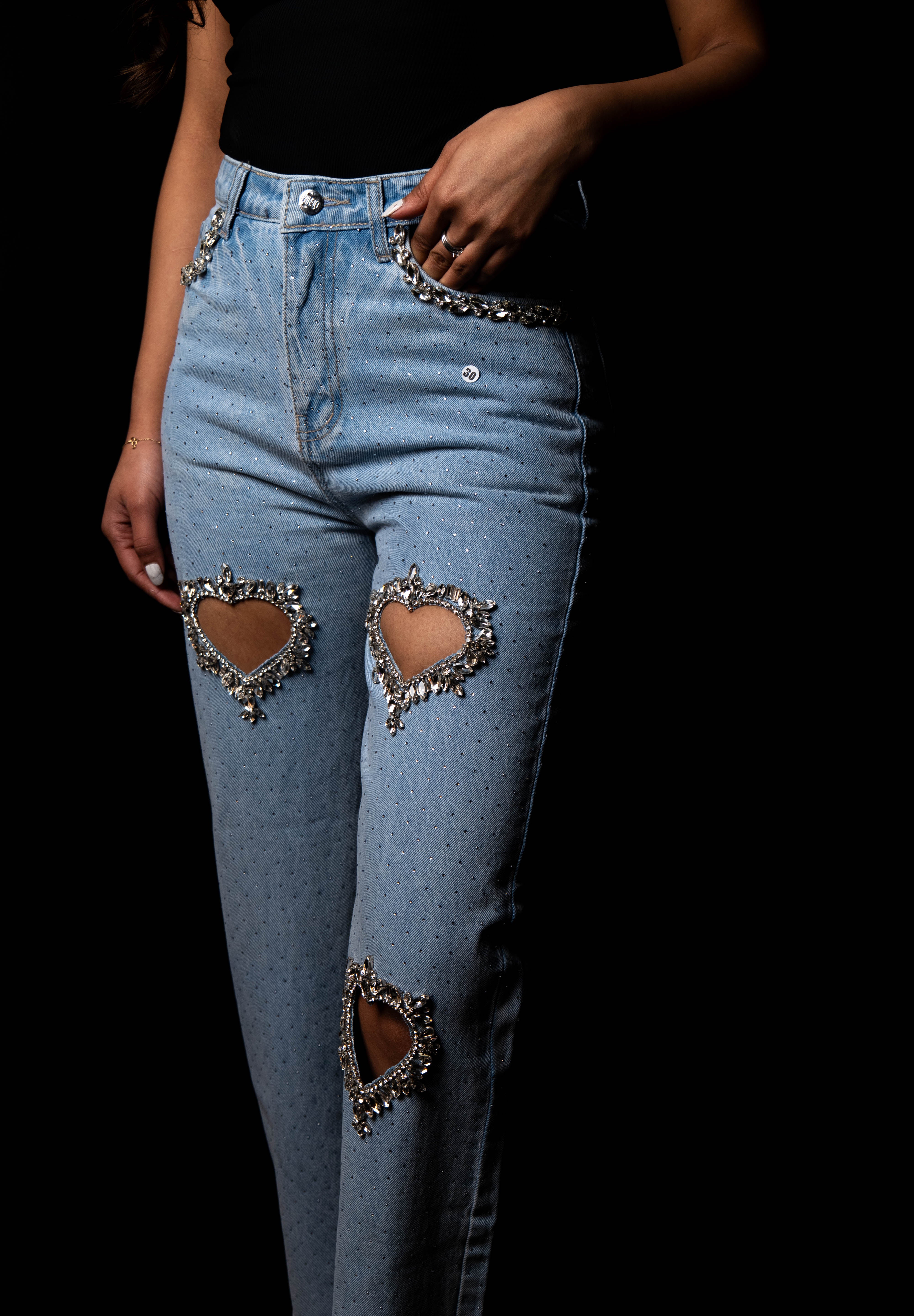 Cupid’s Charm - Rhinestone Embellished Cut Out Jeans - IceBlue