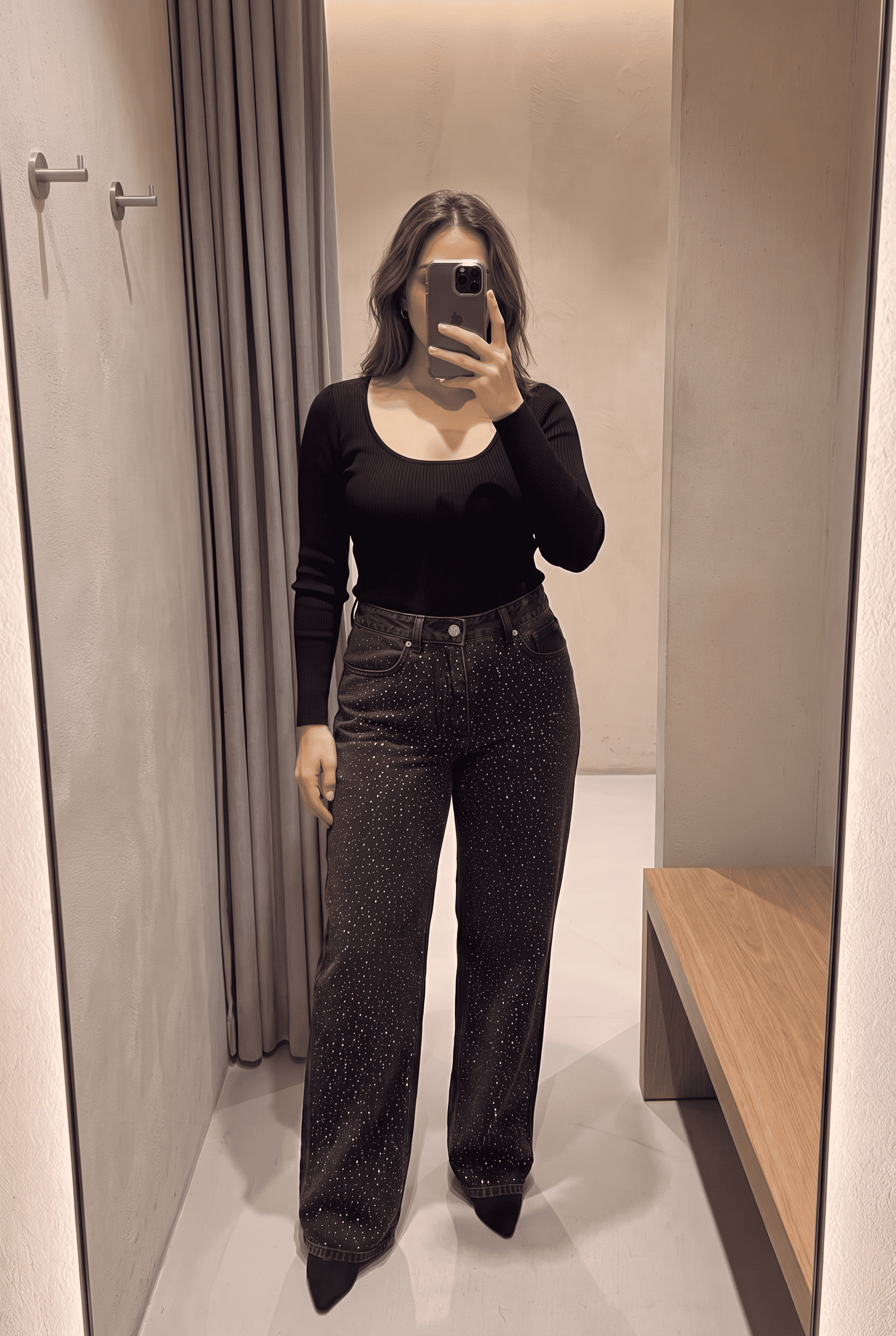 Lunar Lava - Rhinestone Embellished Wide Leg Jeans - Black