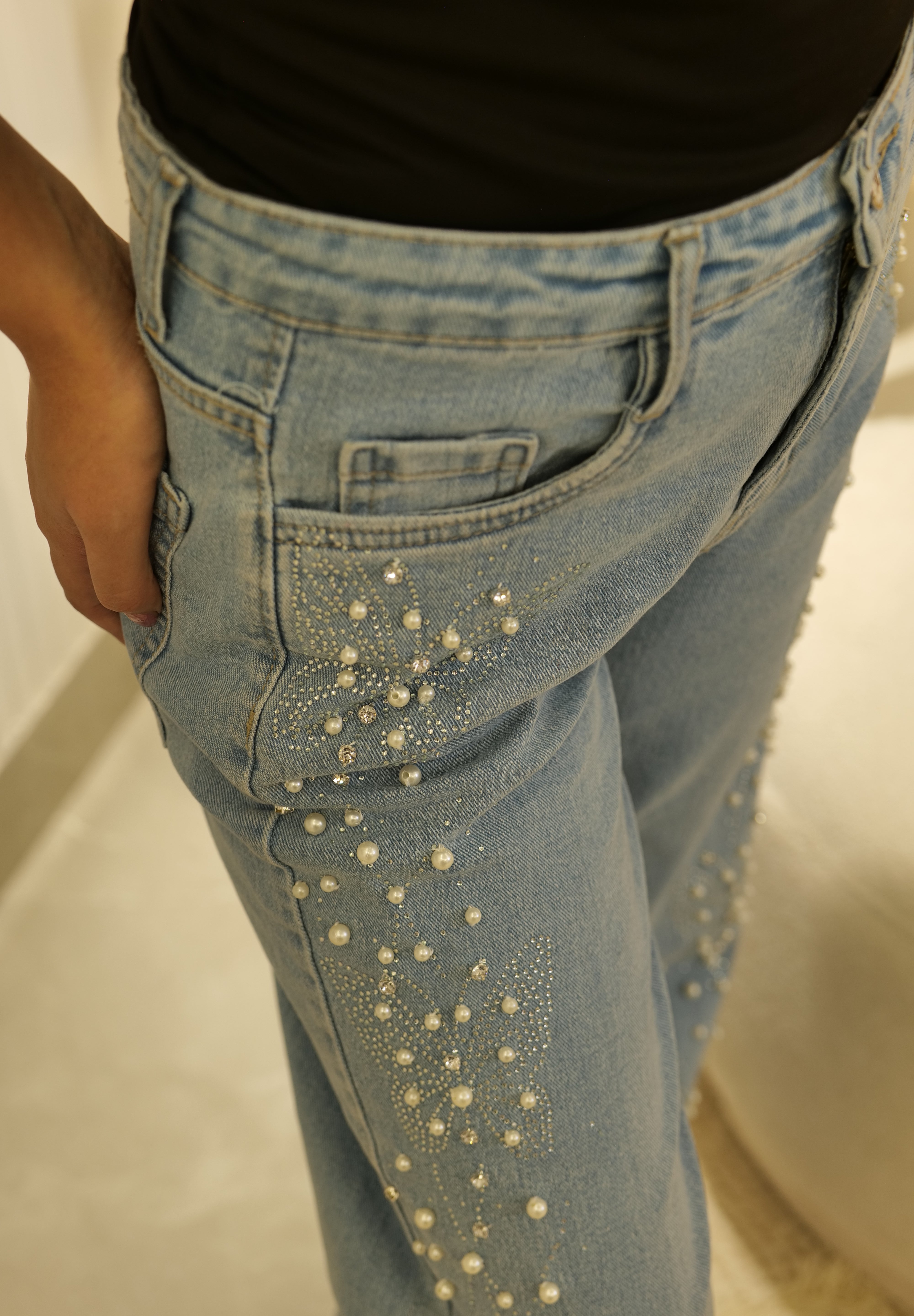 Ira - Rhinestone Embellished Jeans - Ice Blue