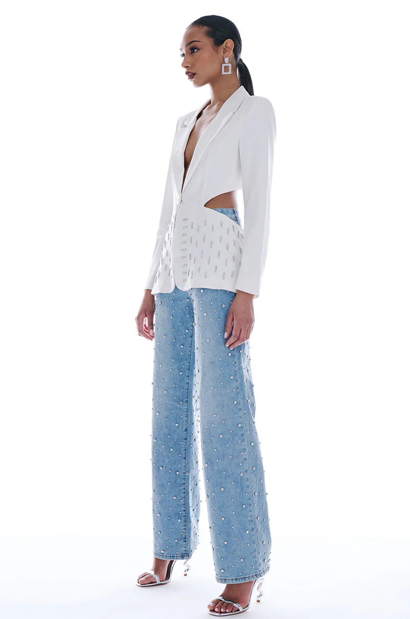 Lumière Rhinestone Embellished Wide Leg Jeans - Ice Blue