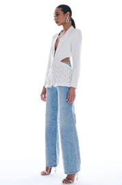 Lumière Rhinestone Embellished Wide Leg Jeans - Ice Blue